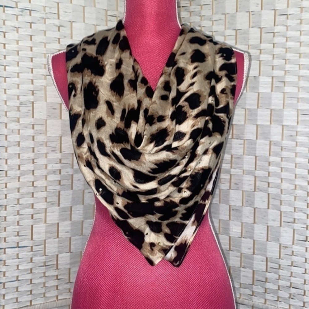 White House Black Market Gold Tone Embellished Animal Print Scarf